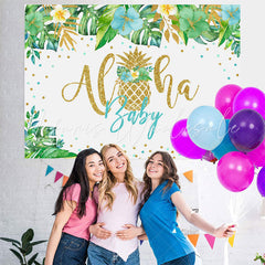 Lofaris Green Tropical Plant Golden Aloha Baby Shower Backdrop