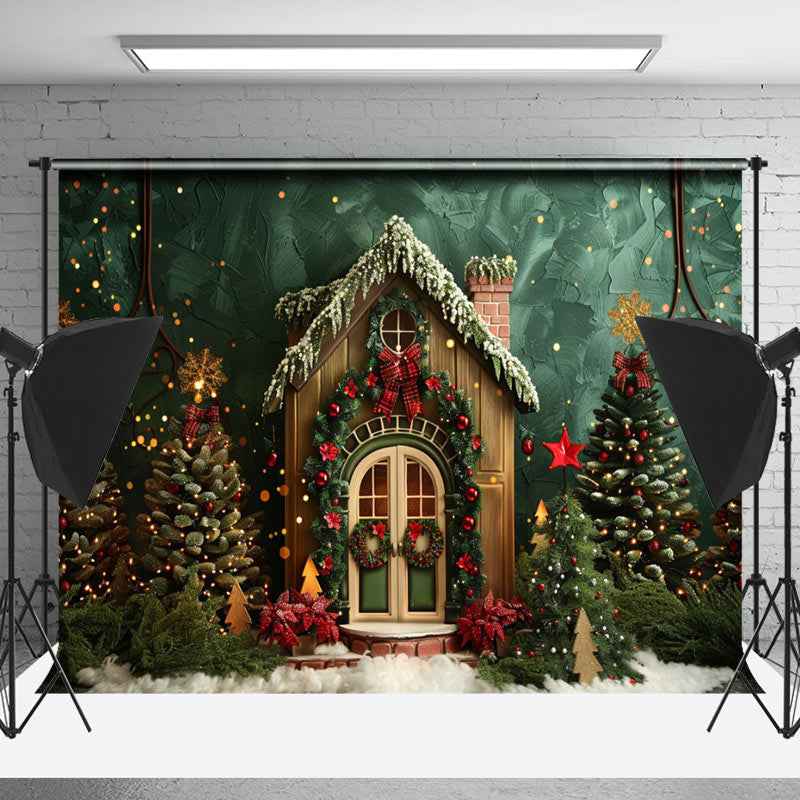 Lofaris Green Wall Trees Wooden House Christmas Backdrop