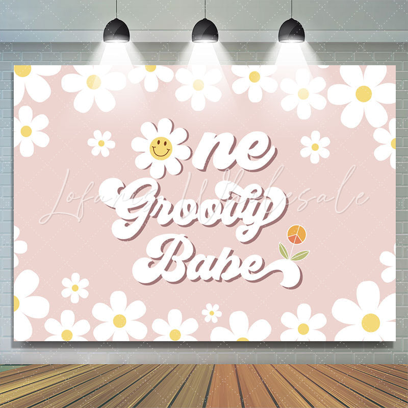 Lofaris Groovy Babe White Daisys Happy 1st Birthday Backdrop