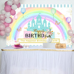 Lofaris Happiest Birthday On The Earth Rainbow Castle Backdrop