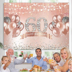 Lofaris Happy 60th Birthday Pink Balloon Diamonds Giltter Backdrop