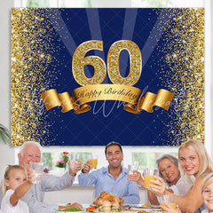 Lofaris Happy 60th Birthday Royal Blue Gold Glitter Backdrop for Photos