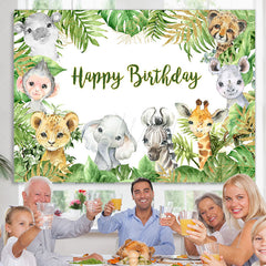 Lofaris Happy Birthday Animals Jungle Green Leaves Party Backdrop