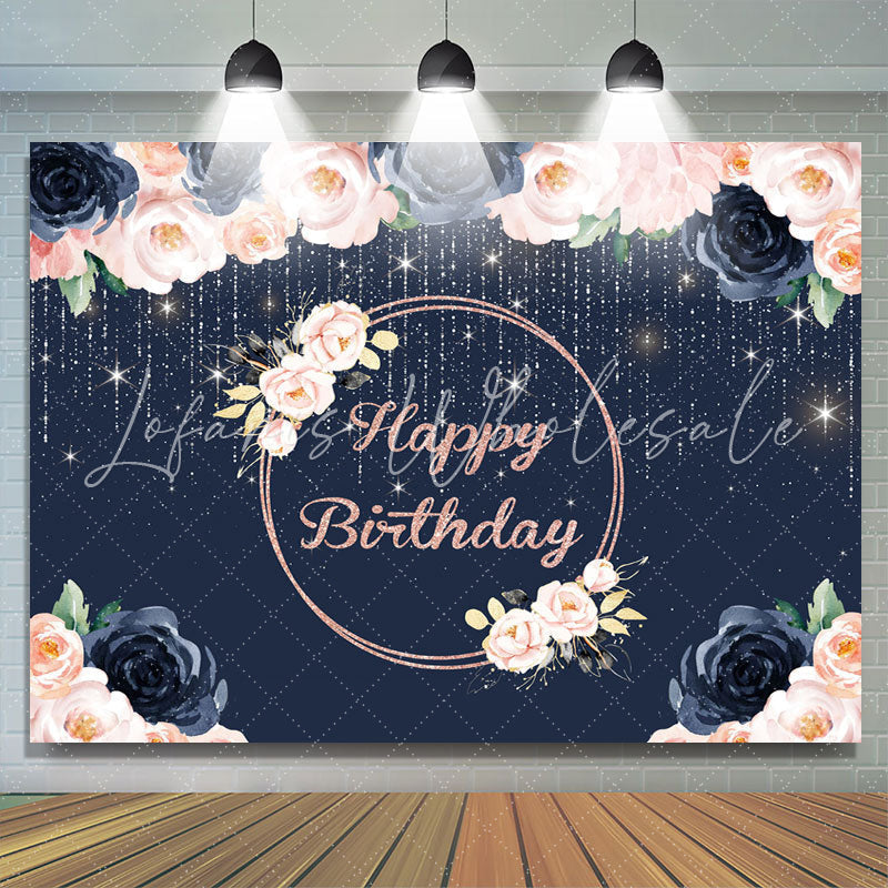 Lofaris Happy Birthday Floral Lights Glitter Royal Blue Backdrop for Party