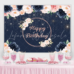 Lofaris Happy Birthday Floral Lights Glitter Royal Blue Backdrop for Party