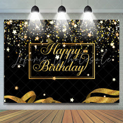 Lofaris Happy Birthday Gold Stars Glitter Ribbon Black Backdrop