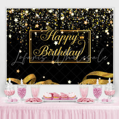 Lofaris Happy Birthday Gold Stars Glitter Ribbon Black Backdrop