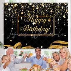 Lofaris Happy Birthday Gold Stars Glitter Ribbon Black Backdrop