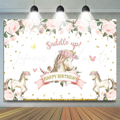 Lofaris Happy Birthday Saddle Up Horse Pink Flower Themed Backdrop