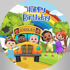 Lofaris Happy Children And School Bus Round Birthday Backdrop