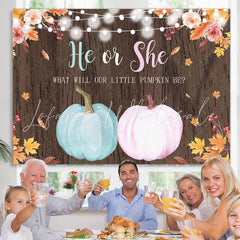 Lofaris He Or She Blue Pink Pumpkin Baby Shower Wood Backdrop