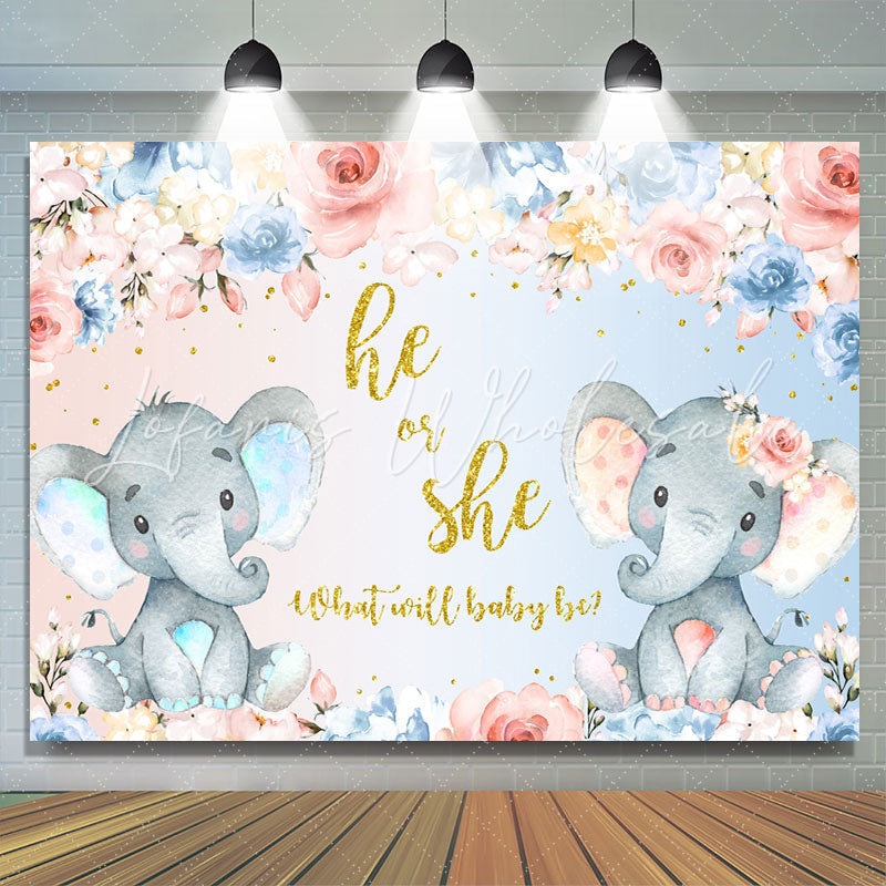 Lofaris He Or She Floral And Elephants Baby Shower Backdrop