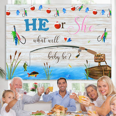 Lofaris He Or She Go Fishing Grey Wood Baby Shower Backdrop