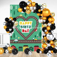 Lofaris Heart Road Cars Forest Town Happy Birthday Backdrop