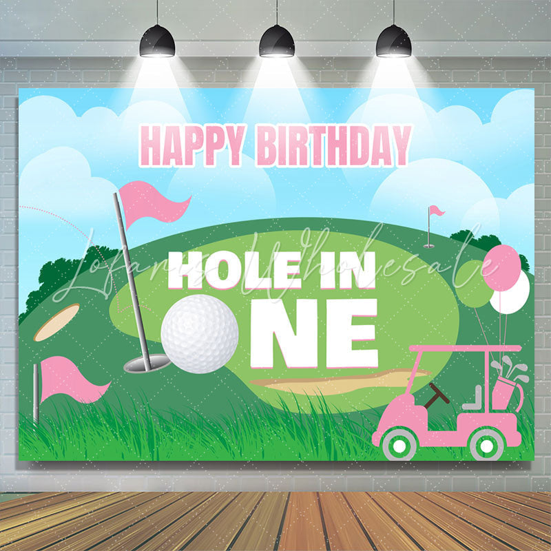 Lofaris Hole In One Pink Balloon Happy Birthday Backdrop