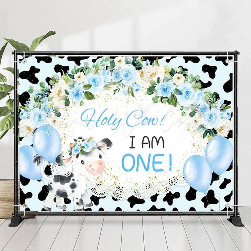 Lofaris Holy Cow Blue Floral Balloon 1st Birthday Backdrop