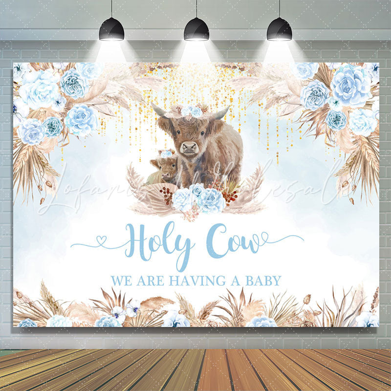 Lofaris Holy Cow Boho Light Blue Flower Baby Shower Backdrop