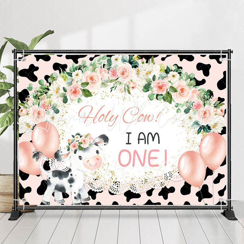 Lofaris Holy Cow I Am One Floral Lace 1st Birthday Backdrop