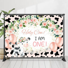 Lofaris Holy Cow I Am One Floral Lace 1st Birthday Backdrop