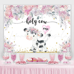 Lofaris Holy Cow One Pink Floral Baby 1St Birthday Backdrop