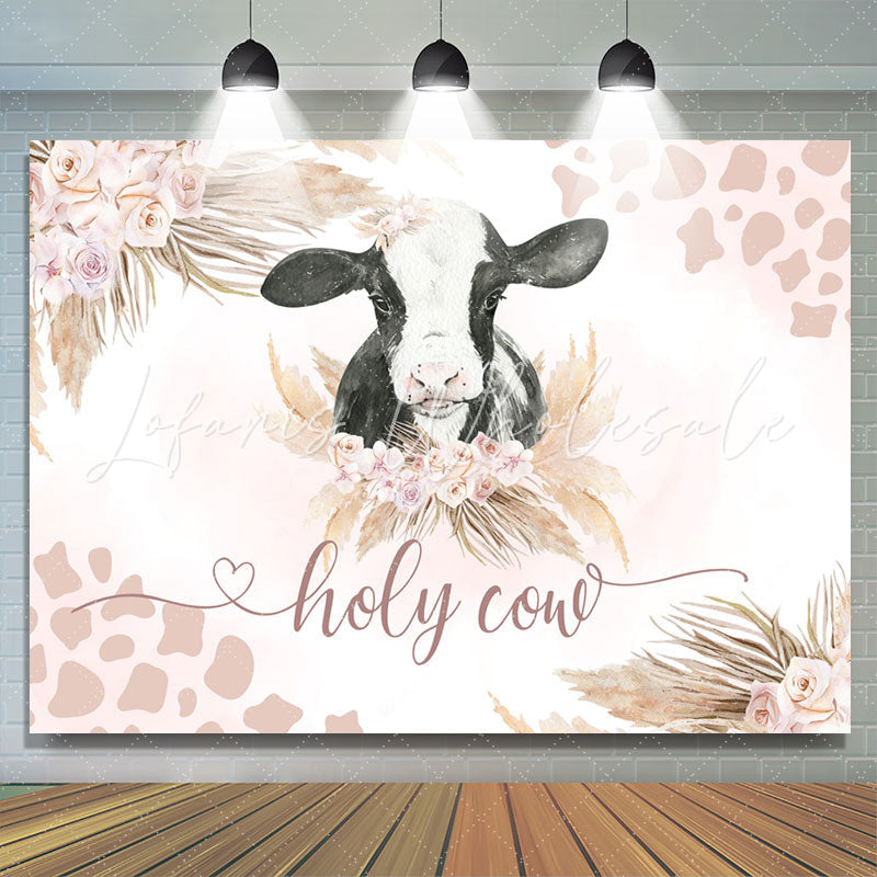 Lofaris Holy Cow Pink Floral Leave Gender Reveal Backdrop