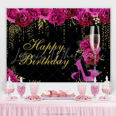 Lofaris Hot Pink Floral Gold Glitter Happy Birthday Backdrop