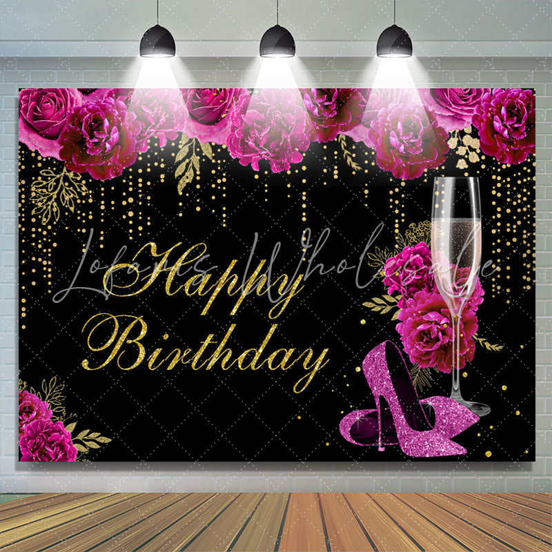 Lofaris Hot Pink Floral Gold Glitter Happy Birthday Backdrop