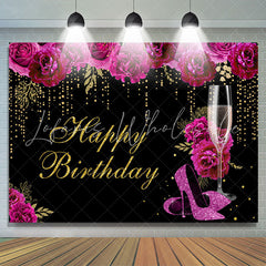 Lofaris Hot Pink Floral Gold Glitter Happy Birthday Backdrop