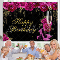 Lofaris Hot Pink Floral Gold Glitter Happy Birthday Backdrop