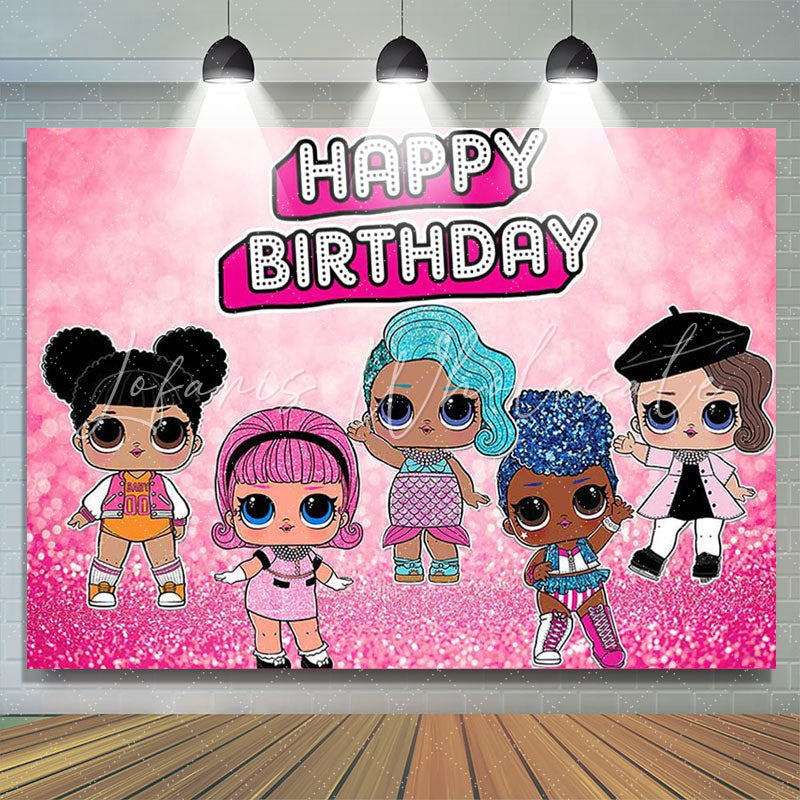 Lofaris Hot Pink Glitter Little Dolls Happy Birthday Backdrop