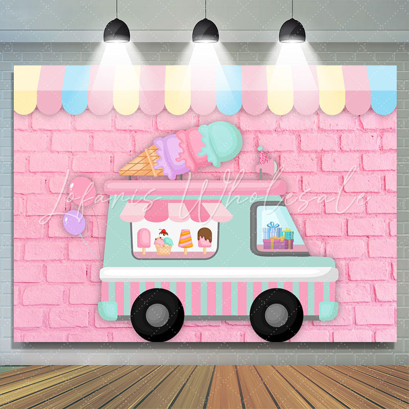 Lofaris Ice Cream Car Pink Brick Wall Happy Birthday Backdrop