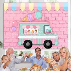 Lofaris Ice Cream Car Pink Brick Wall Happy Birthday Backdrop