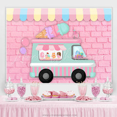 Lofaris Ice Cream Car Pink Brick Wall Happy Birthday Backdrop