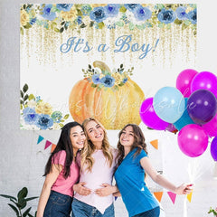 Lofaris Its a Boy! Blue flowers pumpkin baby shower Backdrop