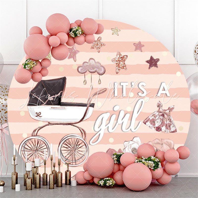 Lofaris Its A Girl Baby Carriage Pink Stripe Round Shower Backdrops