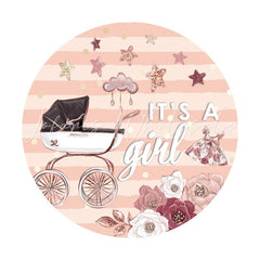 Lofaris Its A Girl Baby Carriage Pink Stripe Round Shower Backdrops