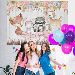 Lofaris Its A Girl Pink Floral Cute Animal Backdrop for Baby Shower