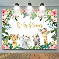 Lofaris Jungle Pink Rose and Baby Animals Shower Backdrop