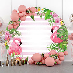 Lofaris Leaves Floral Flamingo Stripe Round Summer Backdrop