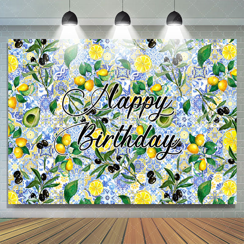 Lofaris Lemon Avocado Blue Delicate Pattern Birthday Backdrop