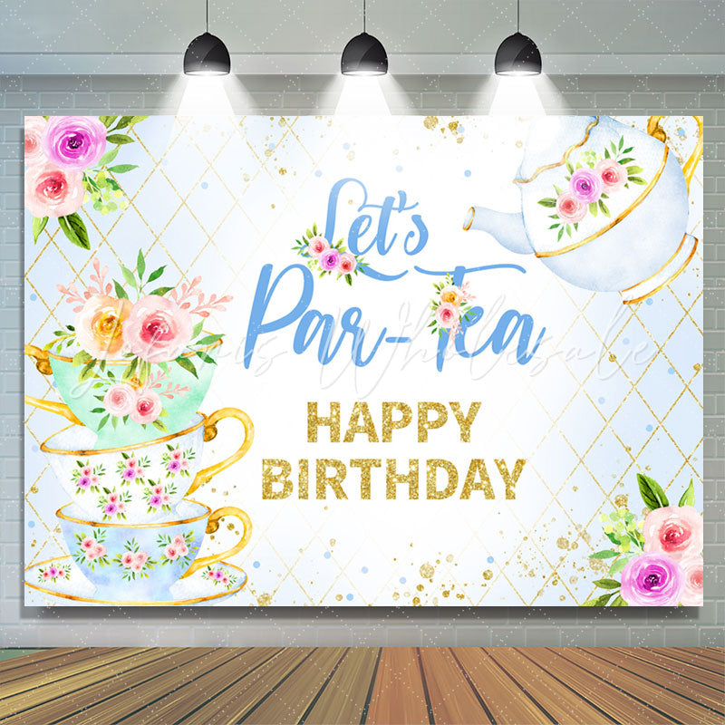 Lofaris Lets Partea Baby Blue Flower Happy Birthday Backdrop