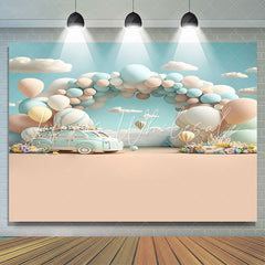 Lofaris Light Blue Hot Air Balloon Car Birthday Backdrop