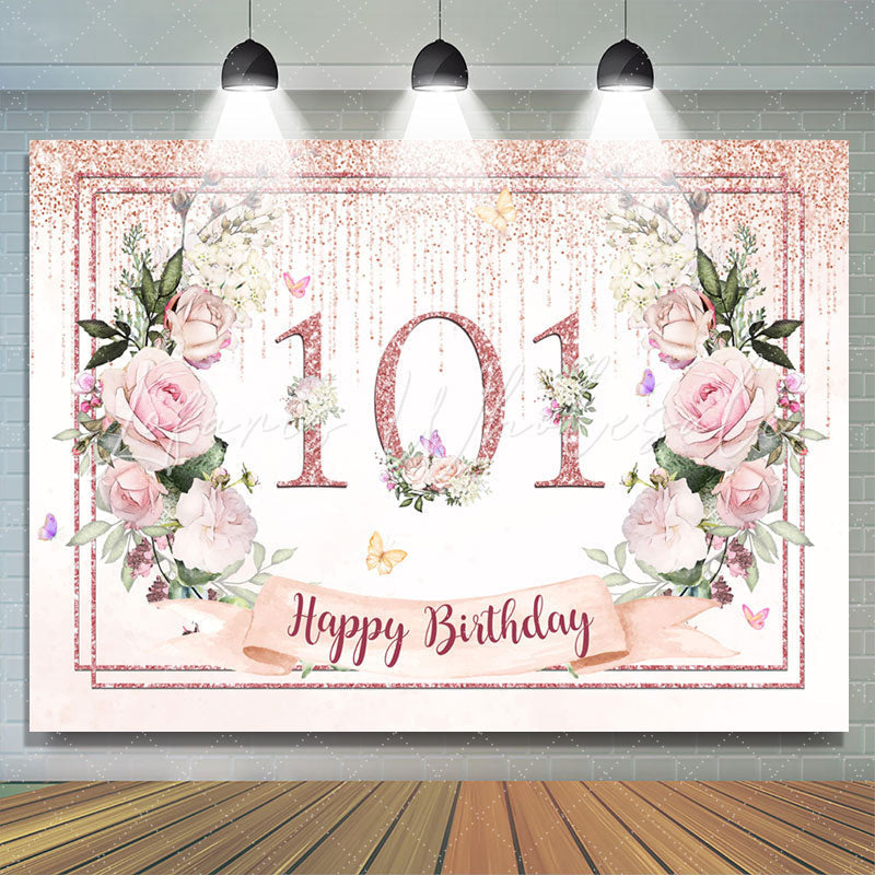 Lofaris Light Pink Floral Glitter Happy 101 Birthday Backdrop