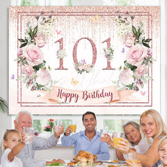 Lofaris Light Pink Floral Glitter Happy 101 Birthday Backdrop