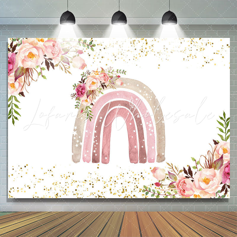 Lofaris Light Pink Rainbow And Floral Glitter Birthday Backdrop