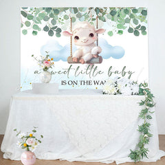 Lofaris Little Lamb Greenery Blue White Baby Shower Backdrop