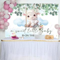 Lofaris Little Lamb Greenery Blue White Baby Shower Backdrop