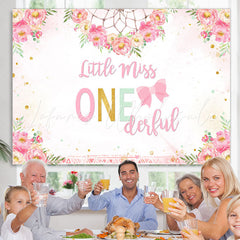 Lofaris Little Miss Onederful Pink Folral Birthday Backdrop