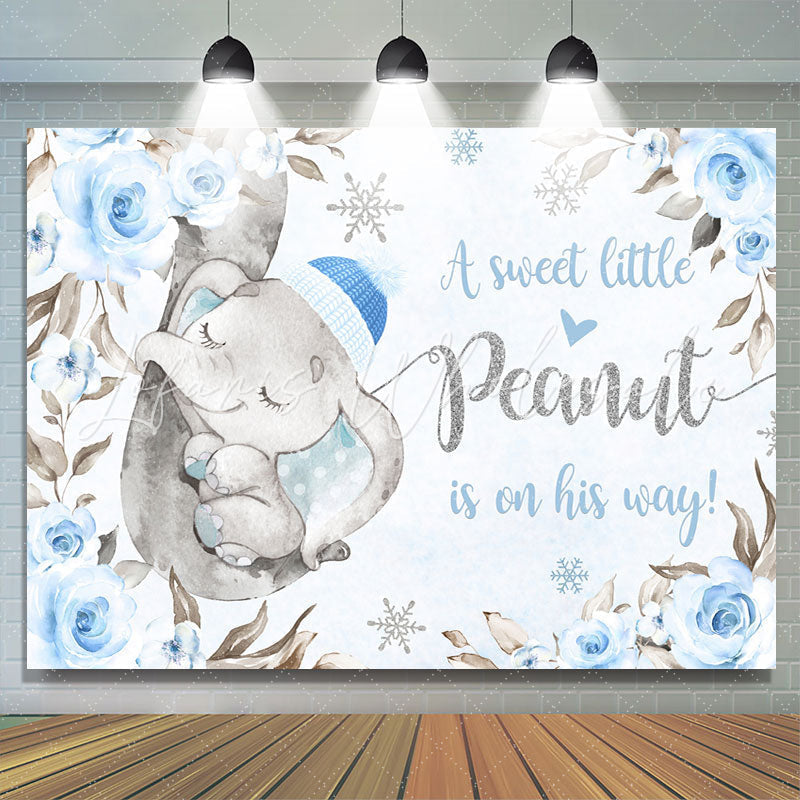 Lofaris Little Sweet Elephant Blue Floral Baby Shower Backdrop