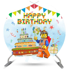 Lofaris Little Toy Block Man Cake Theme Birthday Round Backdrop